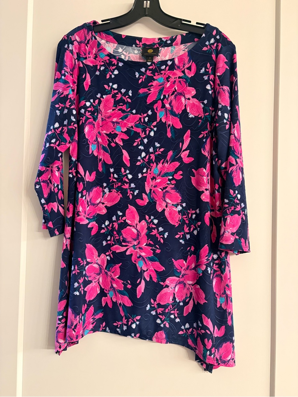 JM Collection Navy Tunic with Hot Pink & Teal Floral Print